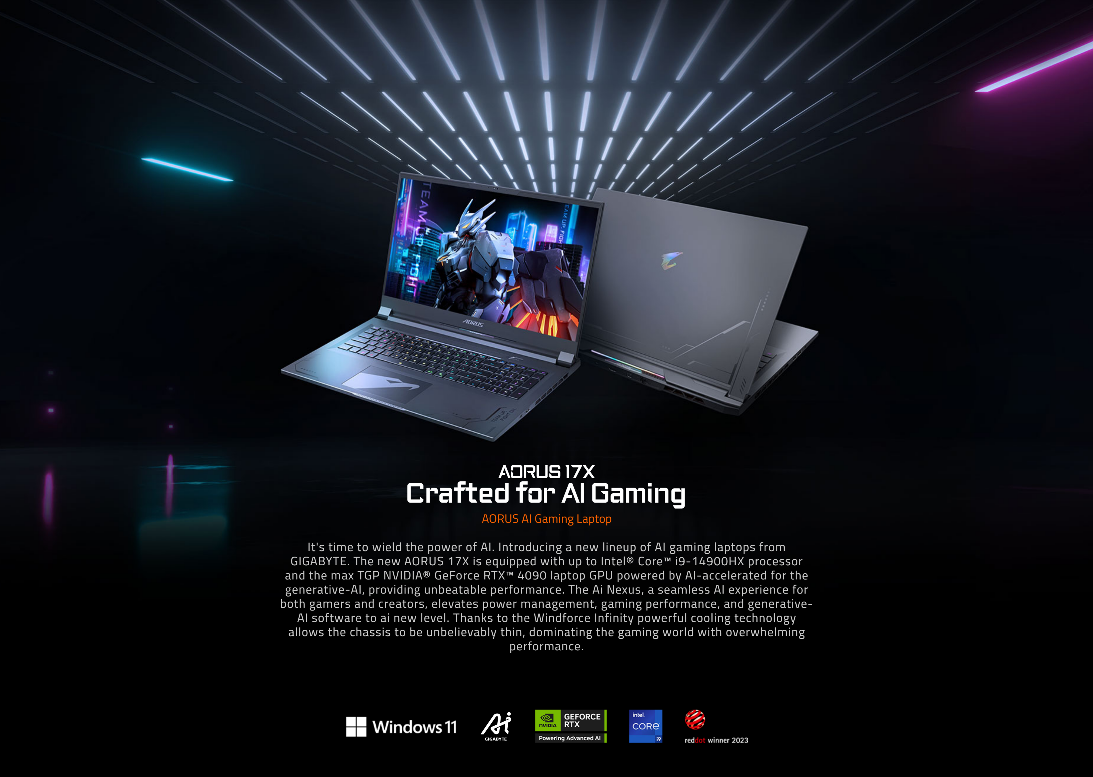 A large marketing image providing additional information about the product Gigabyte AORUS 17X (AZG) - 17.3" 240Hz, 14th Gen i9, RTX 4090, 32GB/1TB - Win 11 Gaming Notebook - Additional alt info not provided